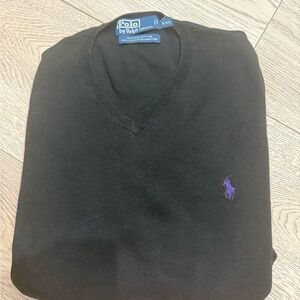 Polo by Ralph Lauren Men's V-Neck Black Sweater with Purple Logo